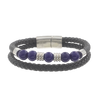 Men's Blue Agate Beaded Bracelet in Black Leather and Stainless Steel
