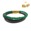 Men's Green Agate Beaded Bracelet in Black Leather and Stainless Steel