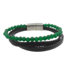 Men's Green Agate Beaded Bracelet in Black Leather and Stainless Steel