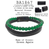 Men's Green Agate Beaded Bracelet in Black Leather and Stainless Steel