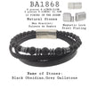 Men's Black Obsidian, Grey Gallstone Beaded Bracelet in Black Leather and Stainless Steel