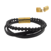 Men's Black Obsidian Onyx Lava Beaded Leather Bracelet in Stainless Steel