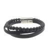 Men's Black Obsidian Onyx Lava Beaded Leather Bracelet in Stainless Steel