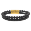 Beaded Men's Volcanic Black Lava Stone Leather Bracelet and Stainless Steel