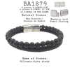 Beaded Men's Volcanic Black Lava Stone Leather Bracelet and Stainless Steel