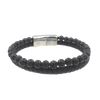 Beaded Men's Volcanic Black Lava Stone Leather Bracelet and Stainless Steel