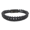 Beaded Men's Volcanic Black Lava Stone Leather Bracelet and Stainless Steel