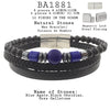 Men's Volcanic Lava, Grey Gallstone, Blue Agate Beaded Bracelet in Black Leather and Stainless Steel