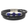 Men's Volcanic Lava, Grey Gallstone, Blue Agate Beaded Bracelet in Black Leather and Stainless Steel