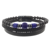 Men's Volcanic Lava, Grey Gallstone, Blue Agate Beaded Bracelet in Black Leather and Stainless Steel