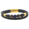 Men's Volcanic Lava, Tiger Eye, Blue Agate Beaded Bracelet in Black Leather and Stainless Steel