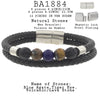 Men's Volcanic Lava, Tiger Eye, Blue Agate Beaded Bracelet in Black Leather and Stainless Steel