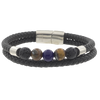 Men's Volcanic Lava, Tiger Eye, Blue Agate Beaded Bracelet in Black Leather and Stainless Steel