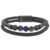 Men's Volcanic Lava, Tiger Eye, Blue Agate Beaded Bracelet in Black Leather and Stainless Steel