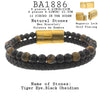 Men's Volcanic Lava, Tiger Eye, Beaded Bracelet in Black Leather and Stainless Steel