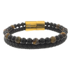 Men's Volcanic Lava, Tiger Eye, Beaded Bracelet in Black Leather and Stainless Steel