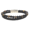 Men's Volcanic Lava, Tiger Eye, Beaded Bracelet in Black Leather and Stainless Steel