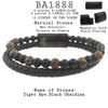 Men's Volcanic Lava, Tiger Eye, Beaded Bracelet in Black Leather and Stainless Steel