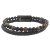 Men's Volcanic Lava, Tiger Eye, Beaded Bracelet in Black Leather and Stainless Steel