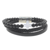 Men's Volcanic Lava and Cross Beaded Bracelet in Black Leather and Stainless Steel