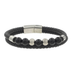 Men's Volcanic Lava Beaded Bracelet in Black Leather and Stainless Steel