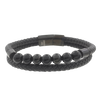 Men's Volcanic Lava Beaded Bracelet in Black Leather and Stainless Steel