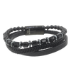 Men's Black Crystal, Grey Gallstone, Black Lave Beaded Bracelet in Black Leather and Stainless Steel