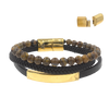 Men's Tiger Eye Beaded Bracelet in Black Leather and Stainless Steel