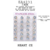 24 pcs On Card Heart Cut CZ Stainless Steel Stud Earrings, 7mm