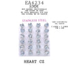 24 pcs On Card Heart Cut CZ Stainless Steel Stud Earrings, 8mm