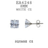 Princess Square Cut Cubic Zirconia Stainless Steel Stud Earrings, 8mm