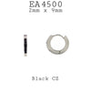Black CZ Silver Stainless Steel Hoop Huggie Earrings, 9mm