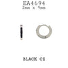 Black CZ Silver Stainless Steel Hoop Huggie Earrings, 9mm