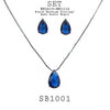 Blue Pear Cut CZ Solitaire Pendant Earrings Necklace Set in Brass, 18" inch