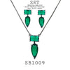 Emerald CZ Crushed Ice Pear Cut Solitaire Pendant Earrings Necklace Set in Brass, 18" inch