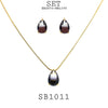 Black Pear Cut CZ Solitaire Pendant Earrings Necklace Set in Brass, 18" inch