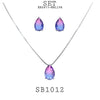 Blue/Purple Pear Cut CZ Solitaire Pendant Earrings Necklace Set in Brass, 18" inch