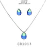 Blue/Purple Pear Cut CZ Solitaire Pendant Earrings Necklace Set in Brass, 18" inch