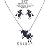 Black CZ Unicorn Pendant Earrings Necklace Set in Black Rhodium Plated Brass, 18" inch