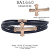 Stainless Steel Cross Black Faux Leather Bracelet