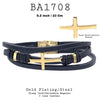 Stainless Steel Cross Black Faux Leather Bracelet